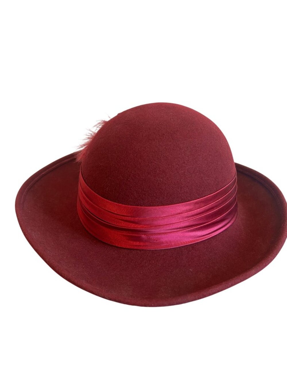 Vintage Geo W Bollman Burgundy Wool Hat With Satin Ribbon & Feather Accent - Picture 8 of 16